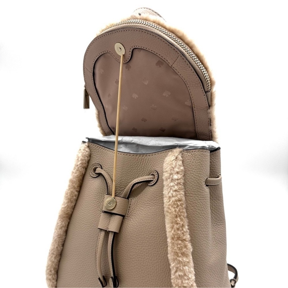 Kate Spade Medium Flap Fur Faux Shearling Backpack Tan - Picture 8 of 10